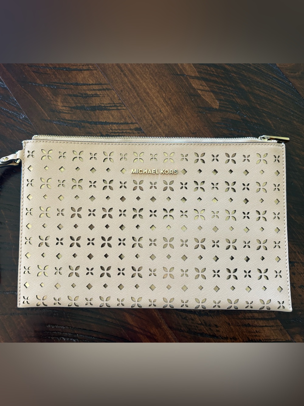 Michael Kors Tan Laser-Cut Wristlet Clutch with Gold Hardware